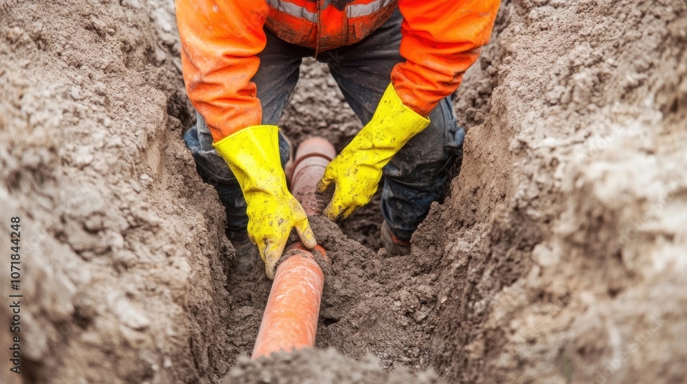 Construction Worker in Safety Gear Digging a Trench for Utility Pipeline Maintenance and Repair at an Infrastructure Work Site Construction Worker in Safety Gear Digging a Trench for Utility Pipeline Maintenance and Repair at an Infrastructure Work Site