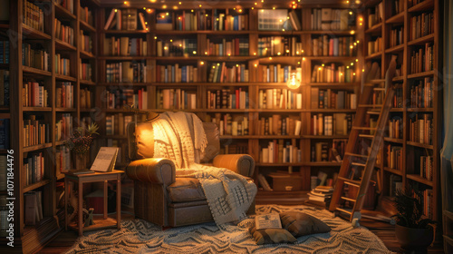 Cozy reading nook with comfortable chair, warm lighting, and bookshelves filled with books. Perfect for relaxation and enjoying good book