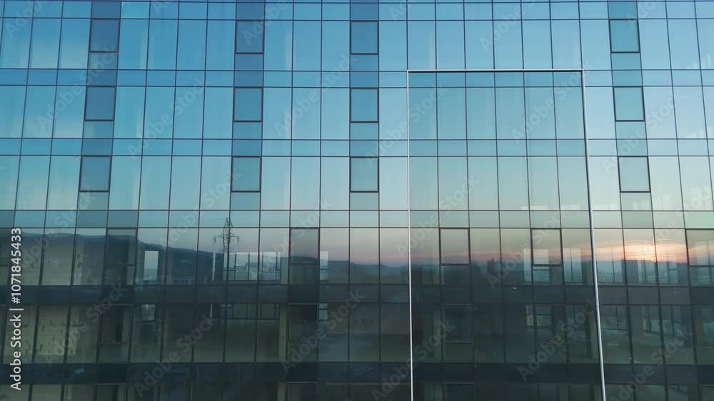 Dynamic High-Altitude Drone View Showcasing a Contemporary Glass Skyscraper in an Urban Business District Dynamic High-Altitude Drone View Showcasing a Contemporary Glass Skyscraper in an Urban Business District
