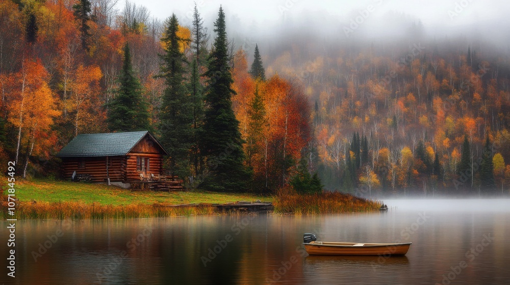 Fototapeta premium Quiet lake and house forest in autumn rain