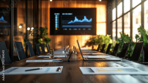 Wallpaper Mural A sleek, modern meeting room with a large conference table. Papers, laptops, and a big TV screen displaying company growth data are spread across the table. Torontodigital.ca