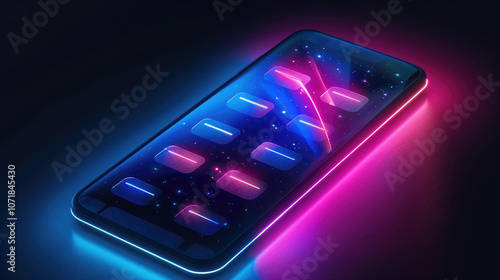 futuristic smartphone with glowing interface, featuring vibrant neon colors and starry background, evokes sense of advanced technology and innovation