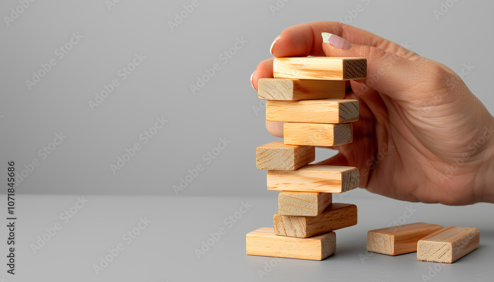 Woman playing Jenga on light gray background, closeup Woman playing Jenga on light gray background, closeup