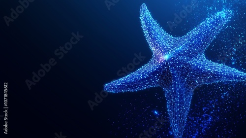 Modern Abstract Starfish Rendered in Low Poly Wireframe with Glowing Particles on a Dark Blue Background – A Digital Illustration for Futuristic Design photo