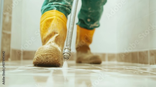 Close up view of a worker s feet in sturdy workboots standing on a tiled floor representing ongoing construction renovation or home improvement work  The image suggests a professional tradesman photo