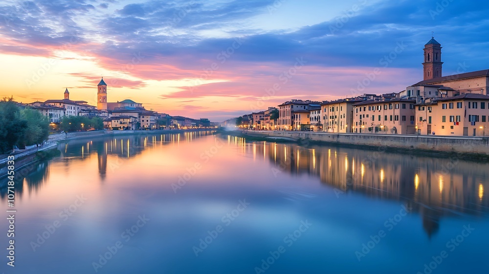 Fototapeta premium tranquil cityscape at dawn with soft pastel hues in the sky, a calm river reflecting the outlines of historic buildings along the shoreline