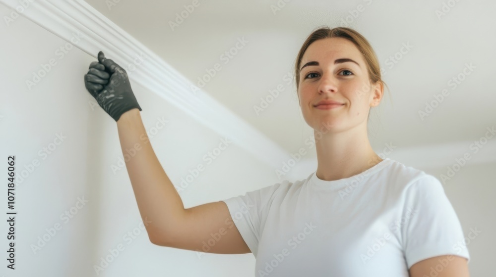 Cheerful young woman wearing white shirt and gloves painting walls with paint brush during home renovation or remodeling project Smiling and happy with home decorating and DIY hobby Cheerful young woman wearing white shirt and gloves painting walls with paint brush during home renovation or remodeling project Smiling and happy with home decorating and DIY hobby
