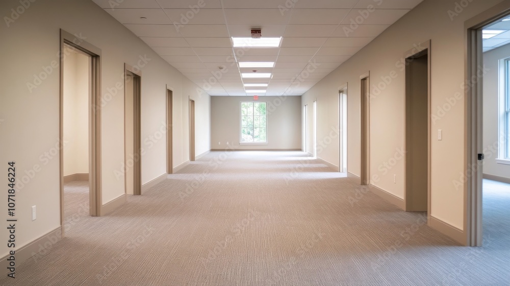 Bright modern and minimalist office hallway with a clean symmetrical architectural design and natural lighting through the windows Bright modern and minimalist office hallway with a clean symmetrical architectural design and natural lighting through the windows