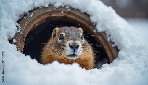 A curious groundhog peeks out from its burrow on a snowy morning as winter begins to thaw