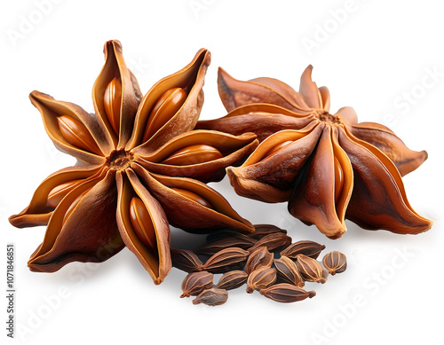 Star anise spice fruits and seeds on isolated white background