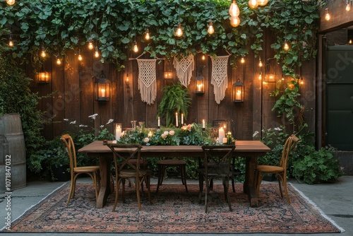 Cozy Outdoor Dining Setup with String Lights and Greenery