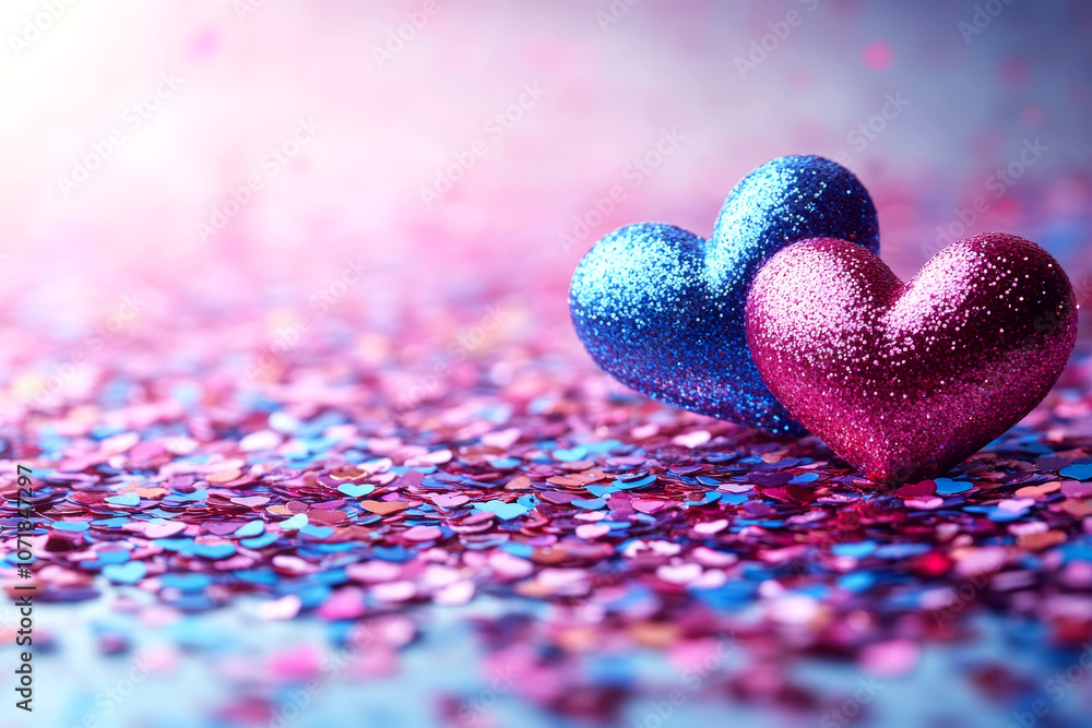 Fototapeta premium Blue and Red Heart Confetti Spread on White Background