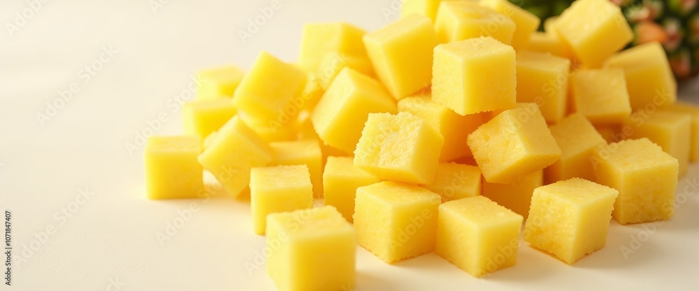 A close up of yellow cheese cubes. Concept of abundance and indulgence, as the cheese cubes are piled high and appear to be fresh and appetizing A close up of yellow cheese cubes. Concept of abundance and indulgence, as the cheese cubes are piled high and appear to be fresh and appetizing