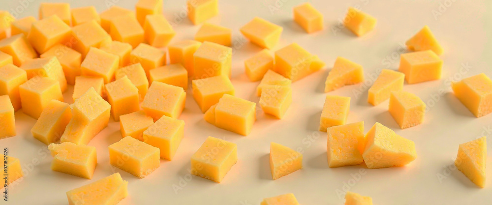 A close up of yellow cheese cubes. Concept of abundance and indulgence, as the cheese cubes are piled high and appear to be fresh and appetizing A close up of yellow cheese cubes. Concept of abundance and indulgence, as the cheese cubes are piled high and appear to be fresh and appetizing