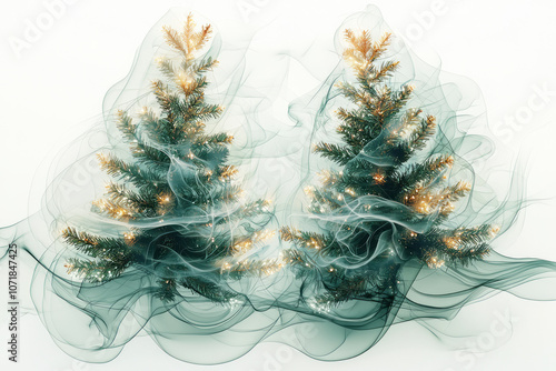 Abstract x-ray graphics of holiday items, including Christmas trees, bows, and holly, in a clean minimalist style,