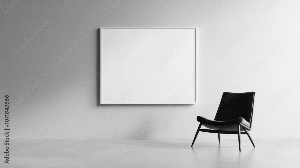 A black chair sits in front of a white wall with a large blank frame A black chair sits in front of a white wall with a large blank frame