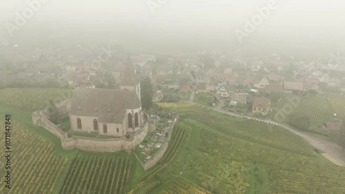 Aerial - Church between vineyards in Hunawihr (Alsace, France) photo