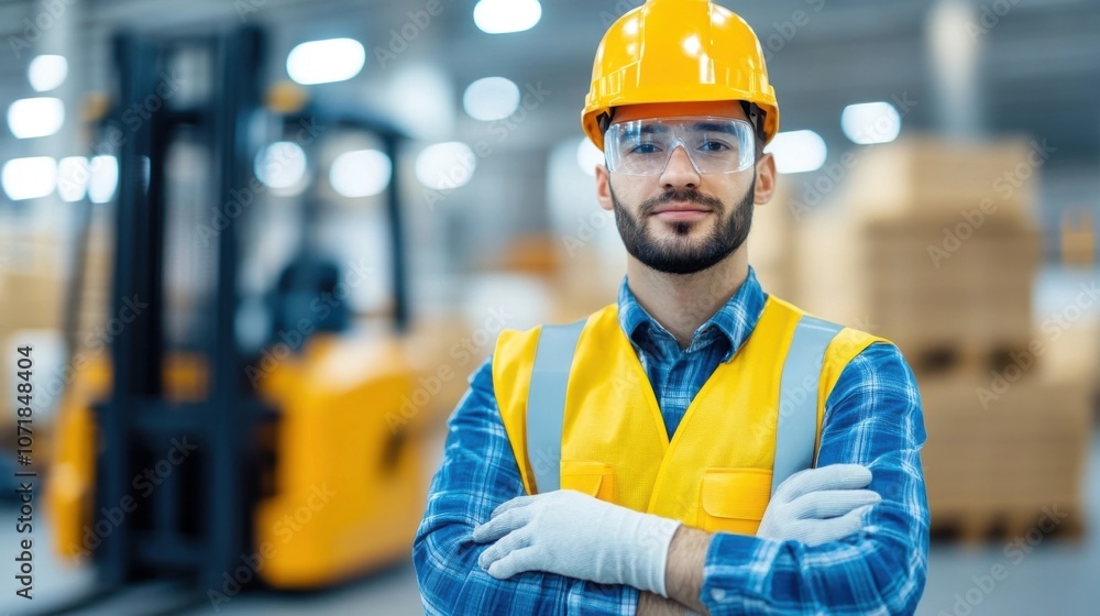 Confident industrial worker in protective uniform including safety helmet and vest standing with arms crossed overseeing and equipment inside a busy warehouse or factory facility Confident industrial worker in protective uniform including safety helmet and vest standing with arms crossed overseeing and equipment inside a busy warehouse or factory facility