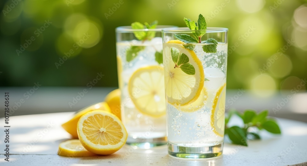 Refreshing lemon drinks with mint leaves Refreshing lemon drinks with mint leaves