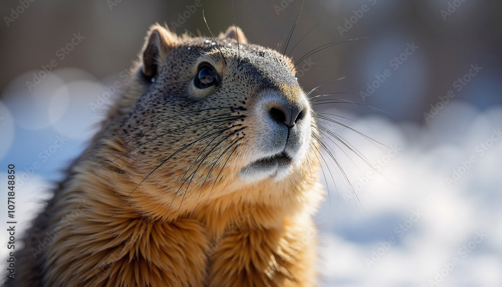 Obraz premium Groundhog awaiting its shadow on a snowy morning, signaling the arrival of spring and the spirit of Groundhog Day