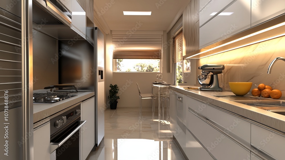 Fototapeta premium Discover contemporary, space-efficient kitchen designs for condo apartments. Ideal for compact spaces, these images highlight chic cabinetry and clever layout solutions.