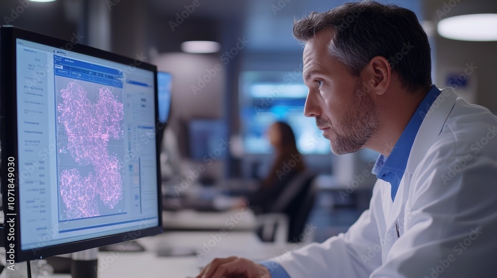 Fototapeta premium Healthcare Provider Reviewing Advanced Lab and Medical Imaging Results on Monitors During Telemedicine Consultation, Emphasizing Accurate Diagnosis and Digital Medical Analysis in Professional Setting
