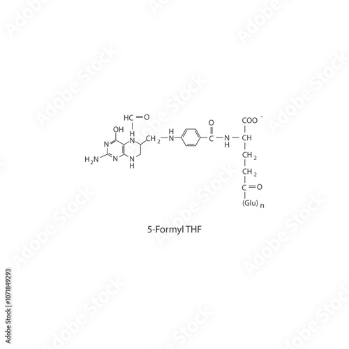 5-Formyl THF skeletal structure diagram.Vitamin B9 compound molecule scientific illustration.