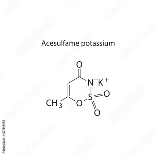 Acesulfame potassium skeletal structure diagram.Artificial sweetener compound molecule scientific illustration.