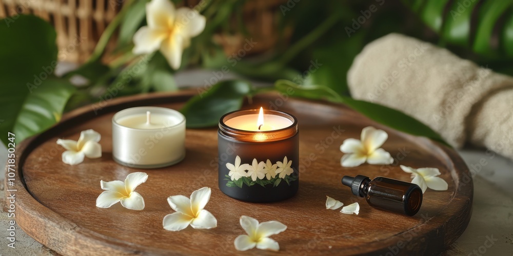 A serene spa-like environment with essential oils, a scented candle, and plumeria petals scattered around a cozy massage table, creating a tranquil ambiance A serene spa-like environment with essential oils, a scented candle, and plumeria petals scattered around a cozy massage table, creating a tranquil ambiance