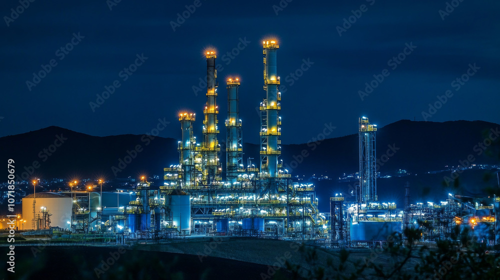 Fototapeta premium An oil and gas plant shines brightly at night, highlighting the energy industry's role in a smart city. This symbolizes how technology can help us use energy wisely and sustainably.