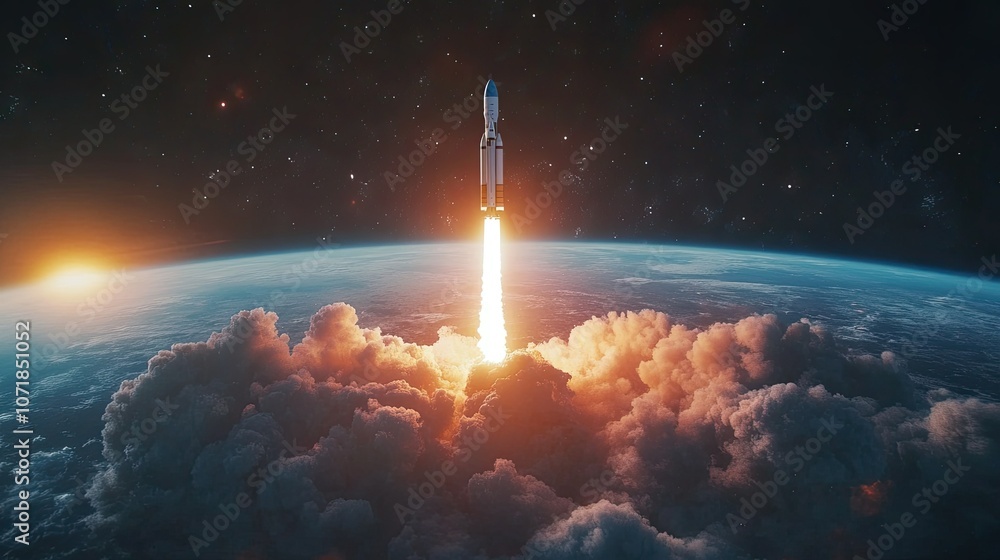 Obraz premium Dramatic lift-off of a space rocket against the blue Earth and vibrant sunset, with smoke and flames billowing. A breathtaking space mission start.