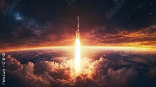 Dramatic lift-off of a space rocket against the blue Earth and vibrant sunset, with smoke and flames billowing. A breathtaking space mission start.