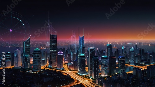 Wallpaper Mural Smart city dot point connect with gradient grid line, connection technology metaverse concept. Night city banner with big data. Torontodigital.ca