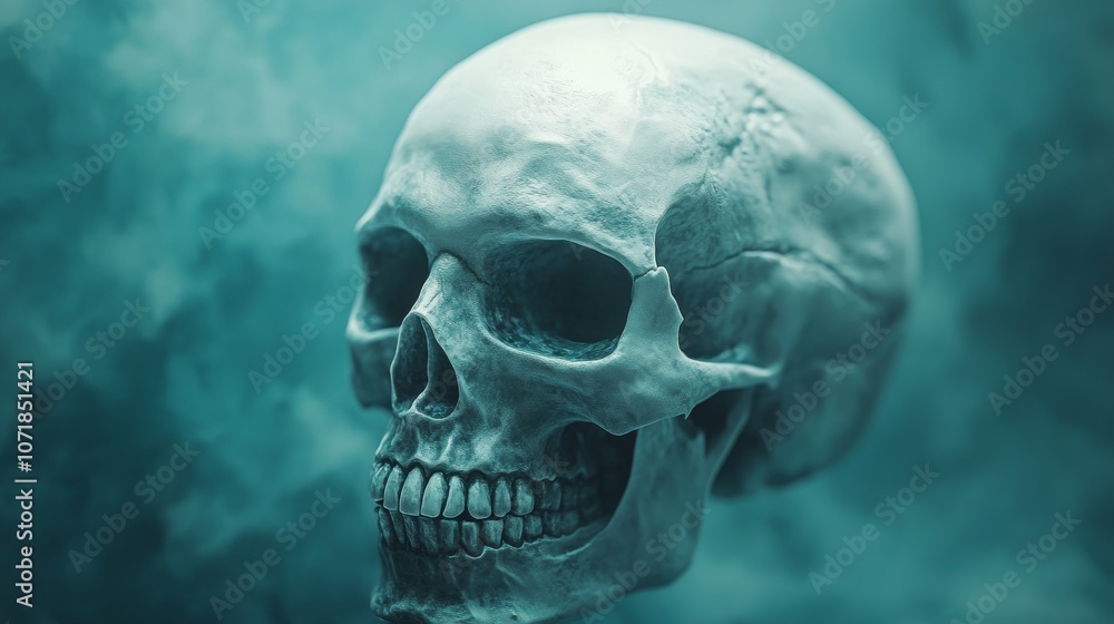 A skull is shown in a blue background with smoke A skull is shown in a blue background with smoke