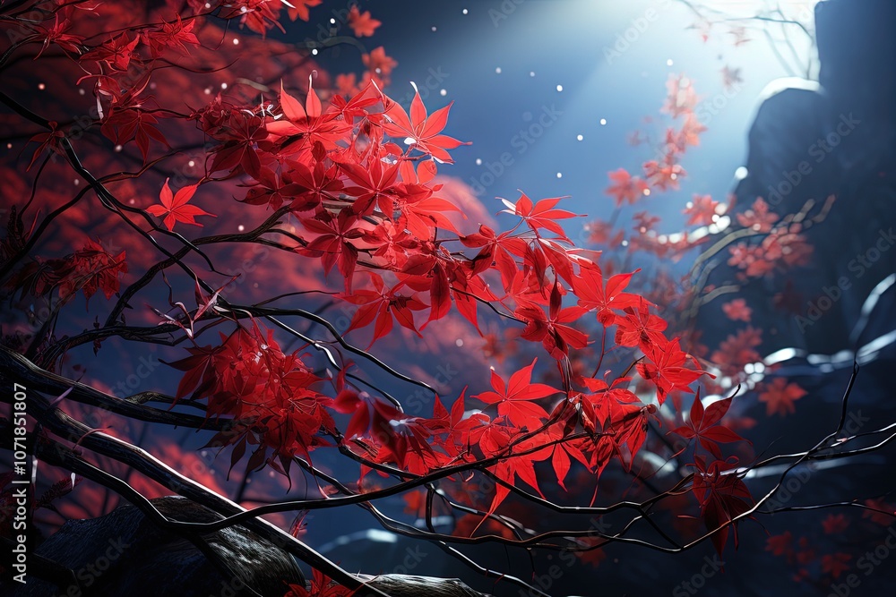 Fototapeta premium The bright red leaves of a Japanese maple in autumn