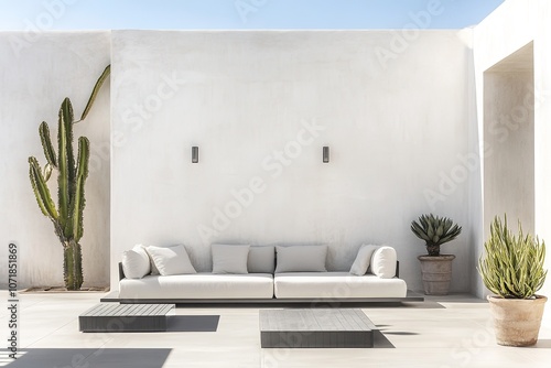 Minimalist patio design with white sofa and desert plants photo