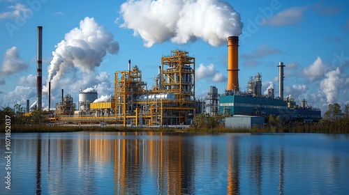 Wallpaper Mural Industrial Factory Emissions Over Water Depicting Environmental Impact, 4k image Torontodigital.ca