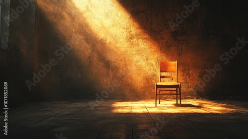 A wooden chair is sitting in a room with a wall that is covered in graffiti