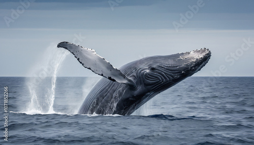 A blue whale jumping out from the sea. Suitable for marketing or business purposes. Panoramic banner with place for text photo