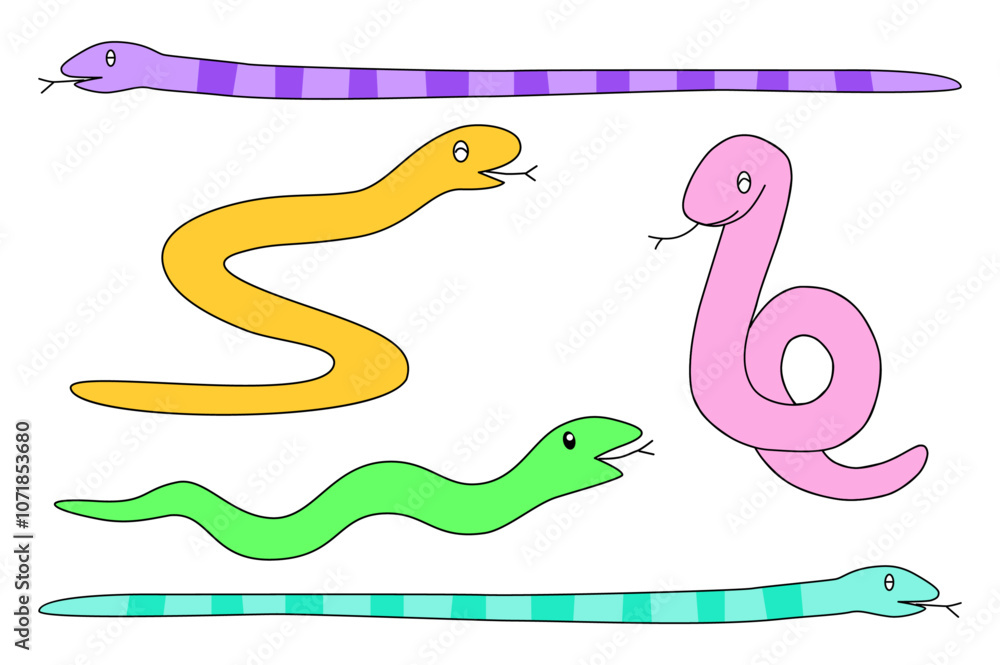Fototapeta premium 楽しそうなゆるい蛇たちのイラスト