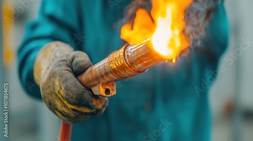Close up of a skilled worker s hands using a burning torch to repair or construct an industrial or craft related item with precision and care showcasing their expertise and craftsmanship