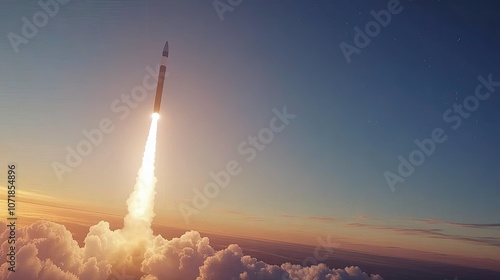 New rocket launch with massive smoke trails as it rises, blue Earth and sunset in the backdrop, symbolizing human ambition for space.