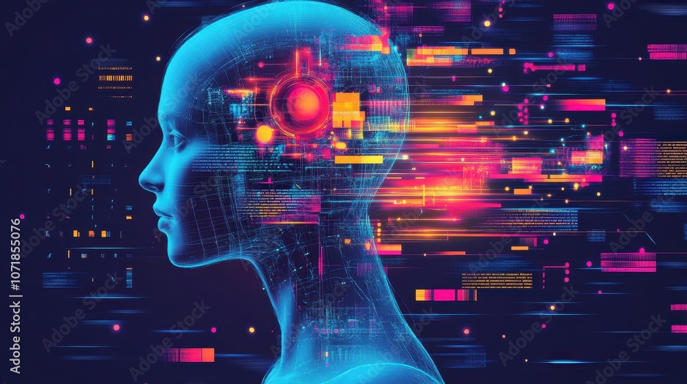 Fototapeta premium Digital Human Head with Neural Network 