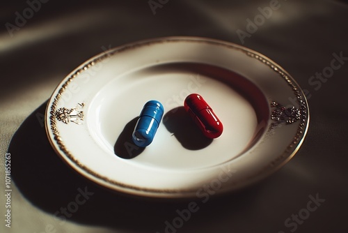 Red and Blue Pills on Elegant Plate	 photo