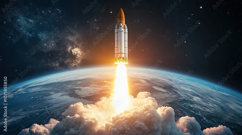 Fototapeta premium Rocket blasting off with clouds of smoke, glowing as it rises towards space with the Earth horizon and sunset backdrop. Epic space moment.