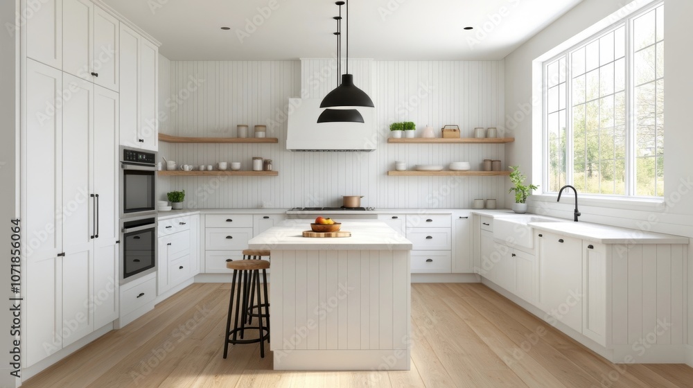 Bright and Spacious Modern Kitchen with Minimalist White Cabinets Sleek Appliances and a Central Island for Meal and Entertaining Bright and Spacious Modern Kitchen with Minimalist White Cabinets Sleek Appliances and a Central Island for Meal and Entertaining