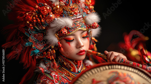 lion dancer in vibrant red attire plays Chinese drum, showcasing cultural heritage photo