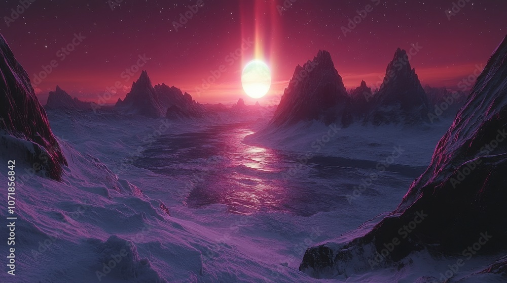 Alien Planet Sunset Over Glacial Valley Alien Planet Sunset Over Glacial Valley