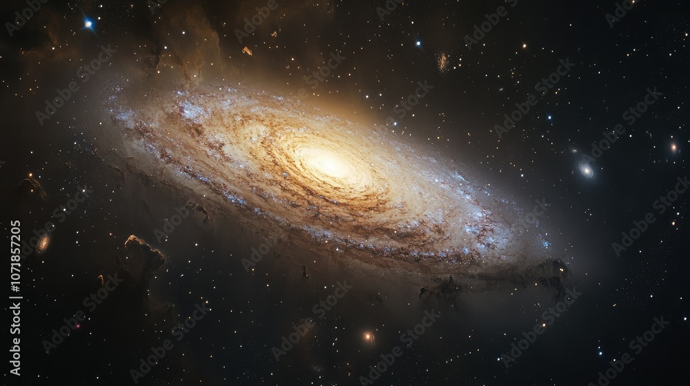 Obraz premium Spectacular view of a spiral galaxy in the star-filled cosmos, surrounded by distant galaxies. The grandeur of space captured in stunning detail.