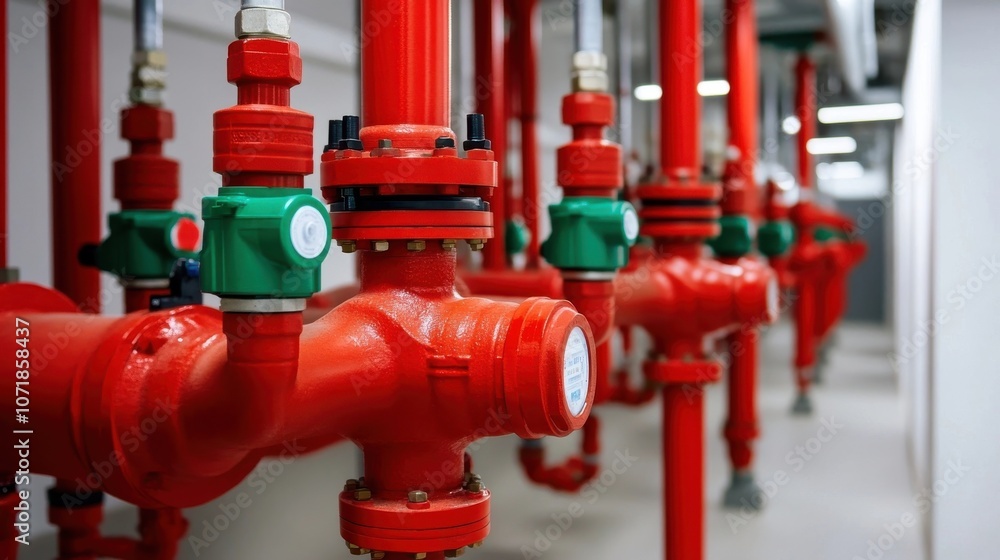 Detailed view of an industrial pipeline system with various red and green valves highlighting the engineering manufacturing Detailed view of an industrial pipeline system with various red and green valves highlighting the engineering manufacturing